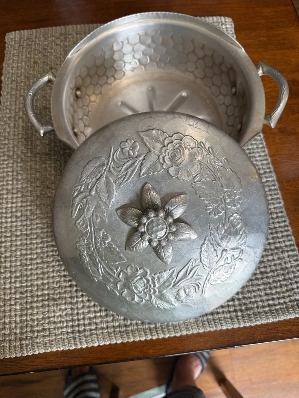 Silver Decorative Covered Casserole Pot - Elegant Floral Design